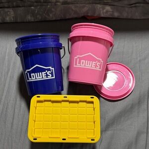 Lowe's Blue and Pink Buckets with Yellow Lid